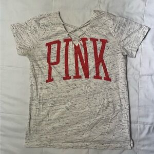 PINK Victoria's Secret Short Sleeve Lace-Up V-Neck Logo Tee in Heathered Cream